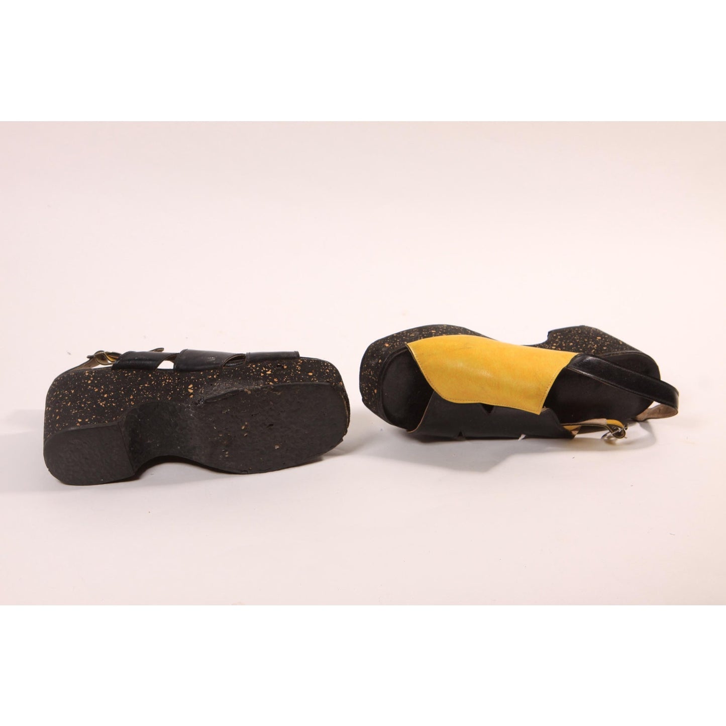 Late 1970s Early 1980s Black and Yellow Splatter Paint Platform High Heel Sandals