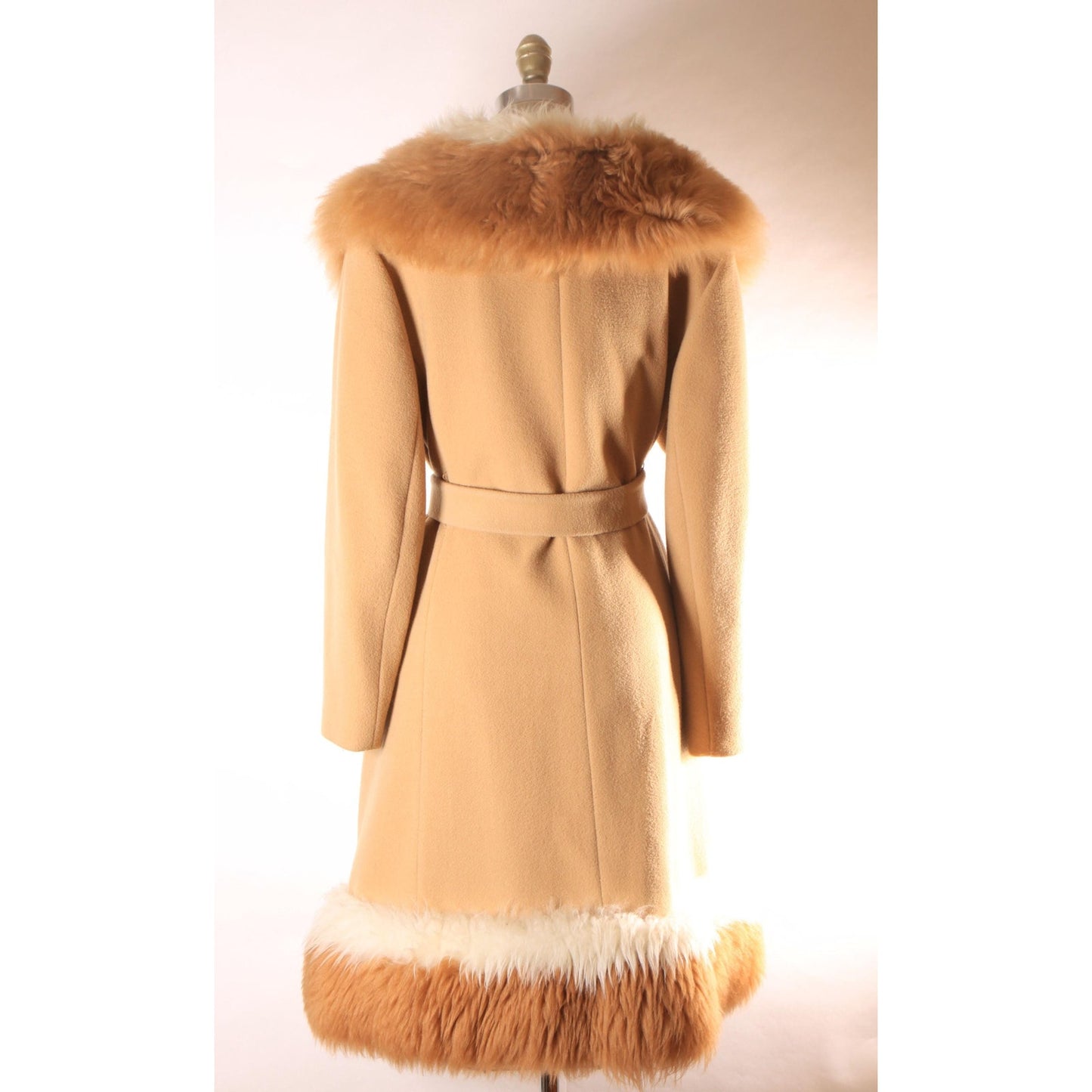 Early 1960s Brown and Cream Shearling Fur Trim Collar and Hem Wrap Princess Coat by Youthcraft