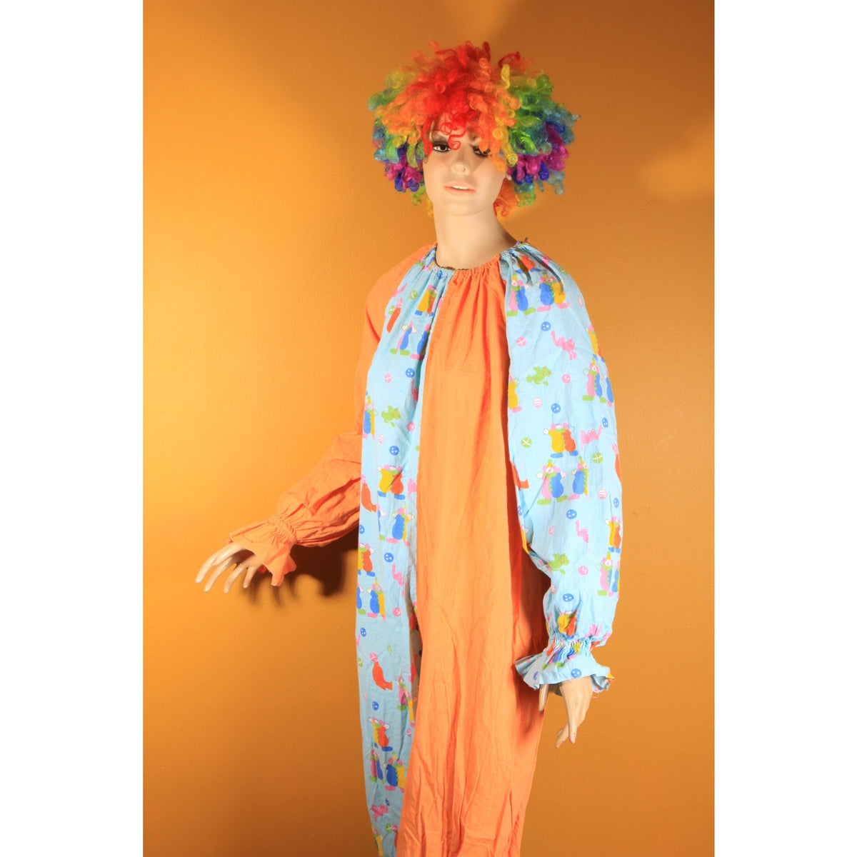 1960s Orange Blue Multi-Colored Novelty Clown Circus Print One Piece Clown Costume