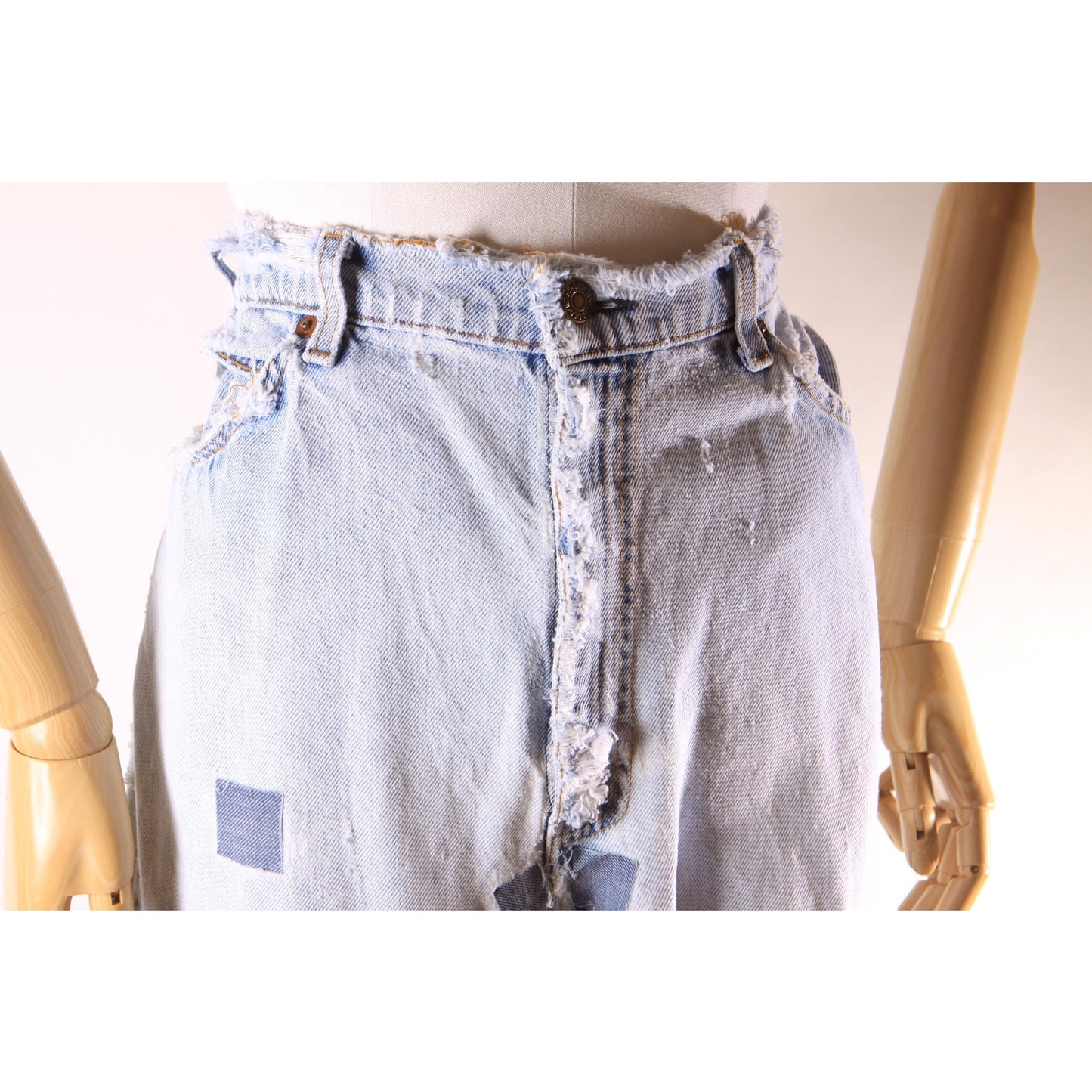1980s Distressed Patch Fraying Blue Denim Orange Tab 517 Jeans by Levi's -38x29