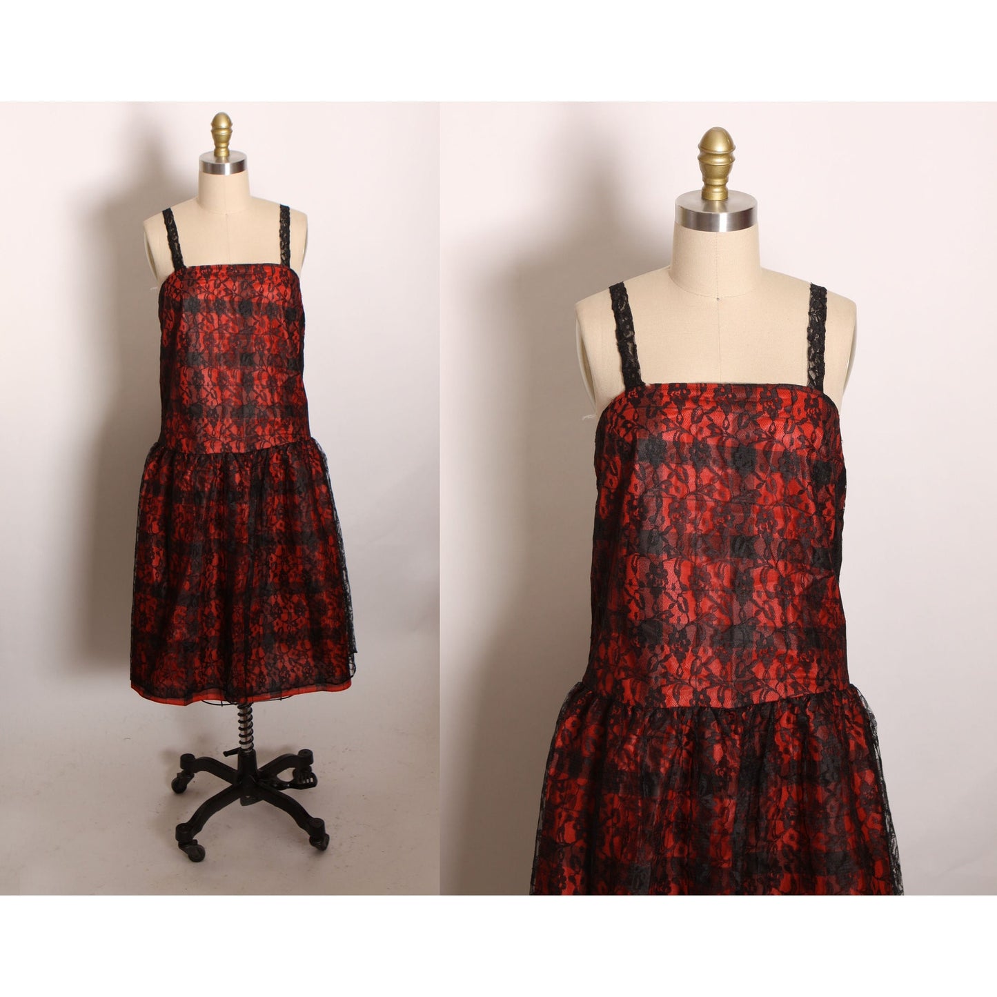 Deadstock 1970s Black and Red Gothic Lace and Plaid Print Lace Strap Sleeveless Dress by Purrr’s -S-M