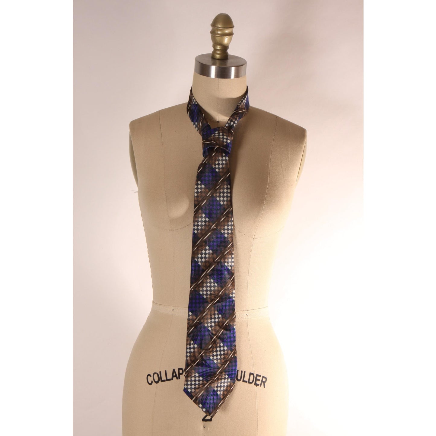 1980s 1990s Navy Blue, Tan and Gray Geometric Necktie Tie by Manhattan