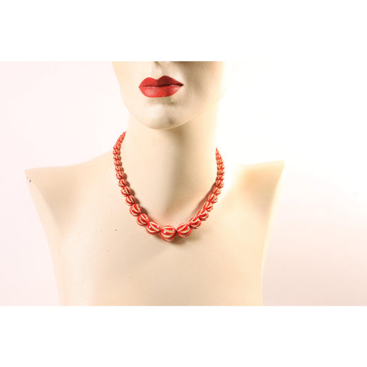 1920s Red and Cream Off White Carved French Galalith Beaded Necklace