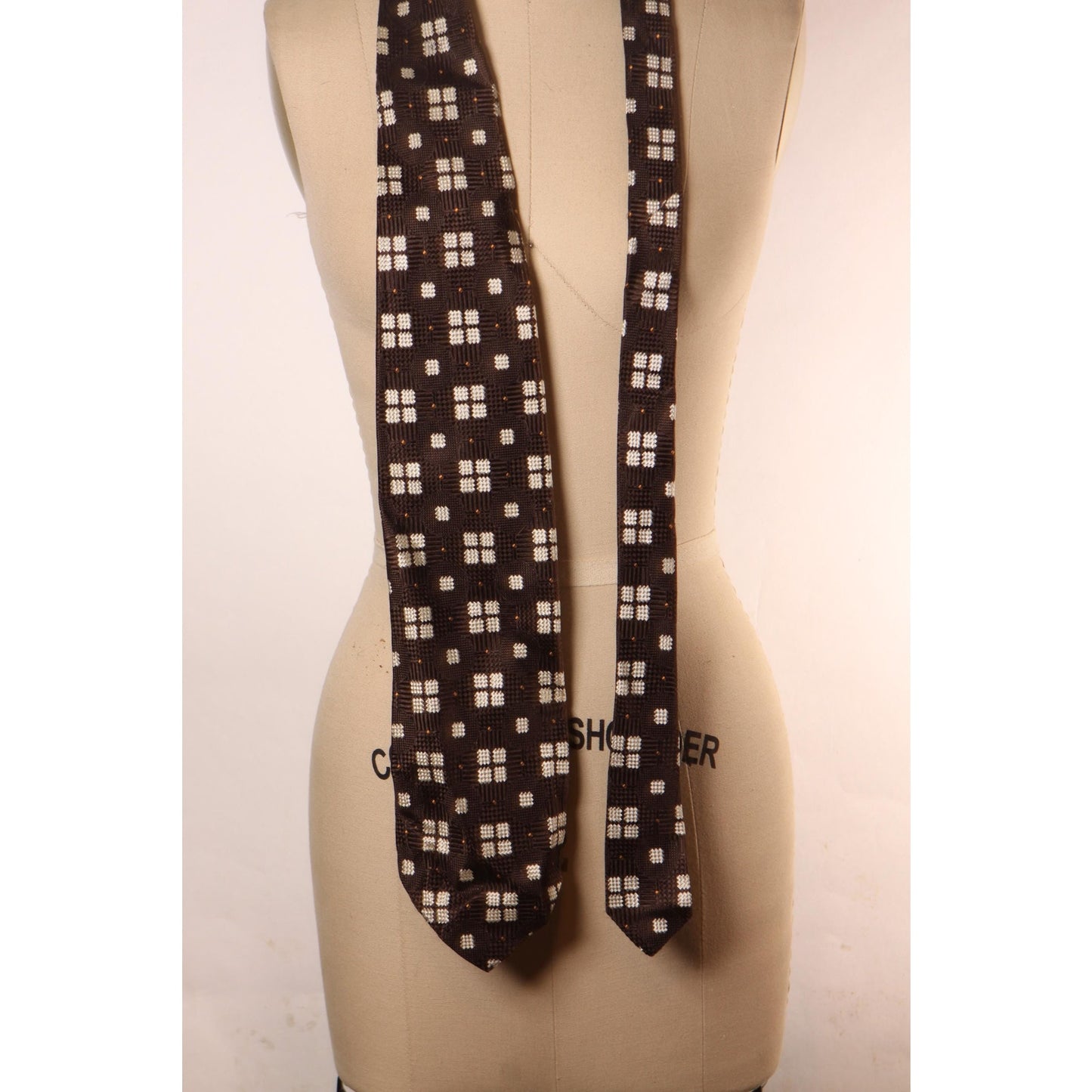 1960s Dark Brown and White Silk Geometric Wide Necktie Tie by Talisman by Glasgow