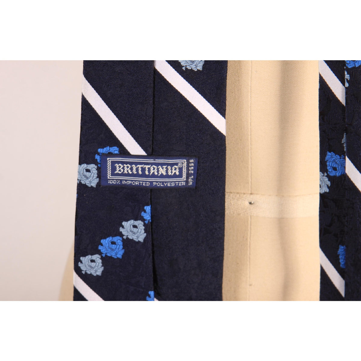 1970s Navy Blue, Light Blue and White Polyester Striped Patterned Necktie Tie by Brittania