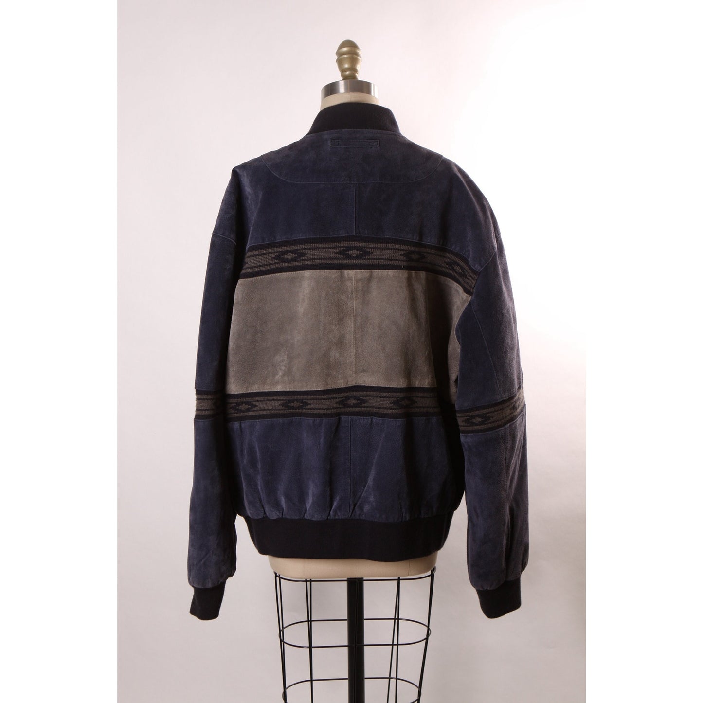 1980s Navy Blue and Gray Suede Leather Western Long Sleeve Zip Up Front Coat by Scully -L