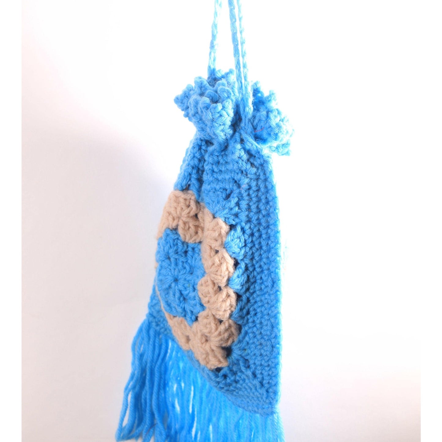 1970s Turquoise Blue and Tan Crochet Granny Square Fringe Drawstring Purse Bag