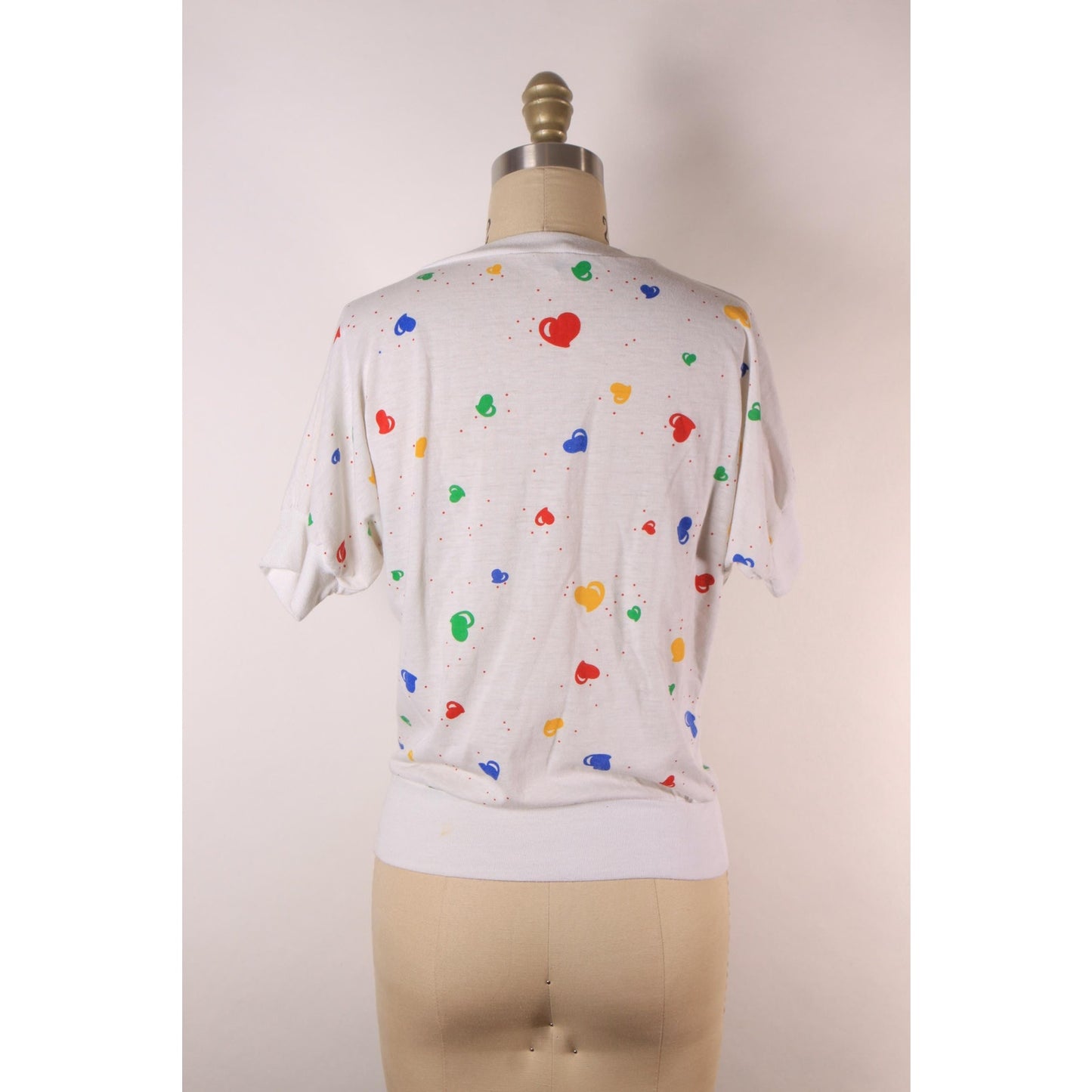 1980s White, Red, Yellow, Blue and Green Novelty Clowncore Heart Print Short Sleeve T-Shirt -S