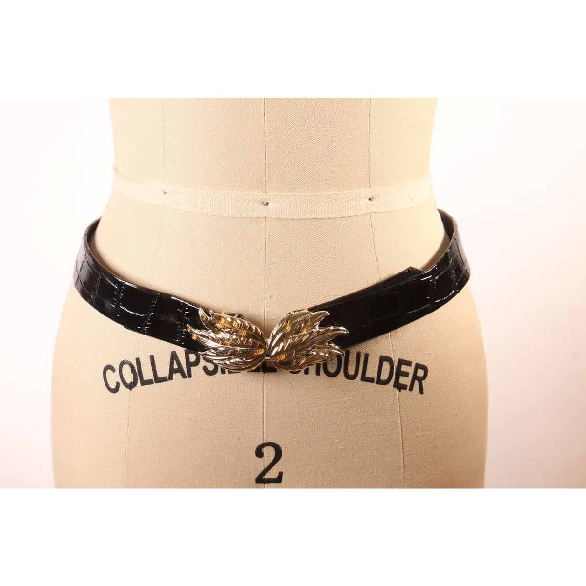 1980s Black Reptile Pattern and Gold Tone Leaf Fan Shape Belt