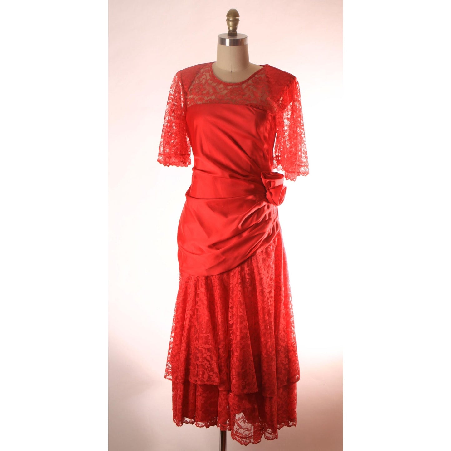1980s Sheer Red Lace Half Sleeve Draped Drop Waist Rose Detail Lydia Deetz Formal Prom Dress -S