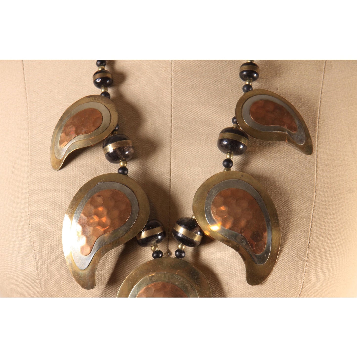 Late 1970s Copper and Brass Metal Hammered Beaded Paisley Shape Boho Oversized Chunky Necklace