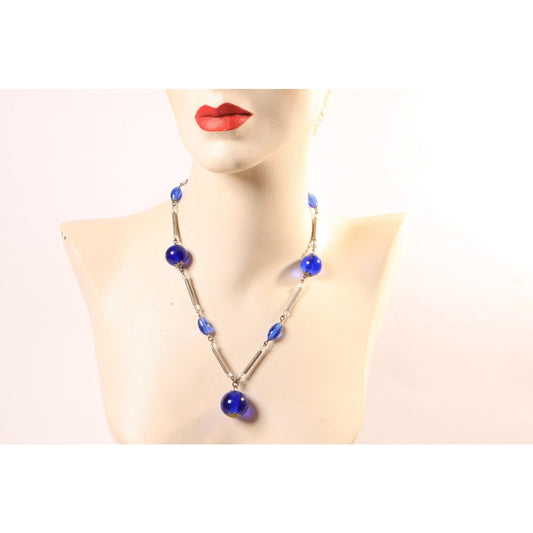 Vintage Clear Blue Glass Orb Circle Drop Pendant Silver Tone Metal Beaded Necklace