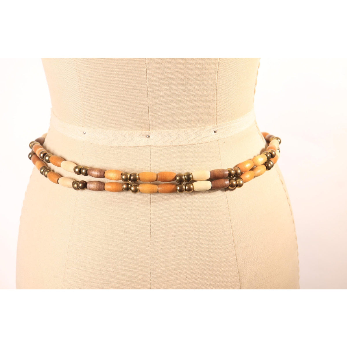 1980s Brown, Tan and Cream Faux Leather Wood Beaded Chain Belt