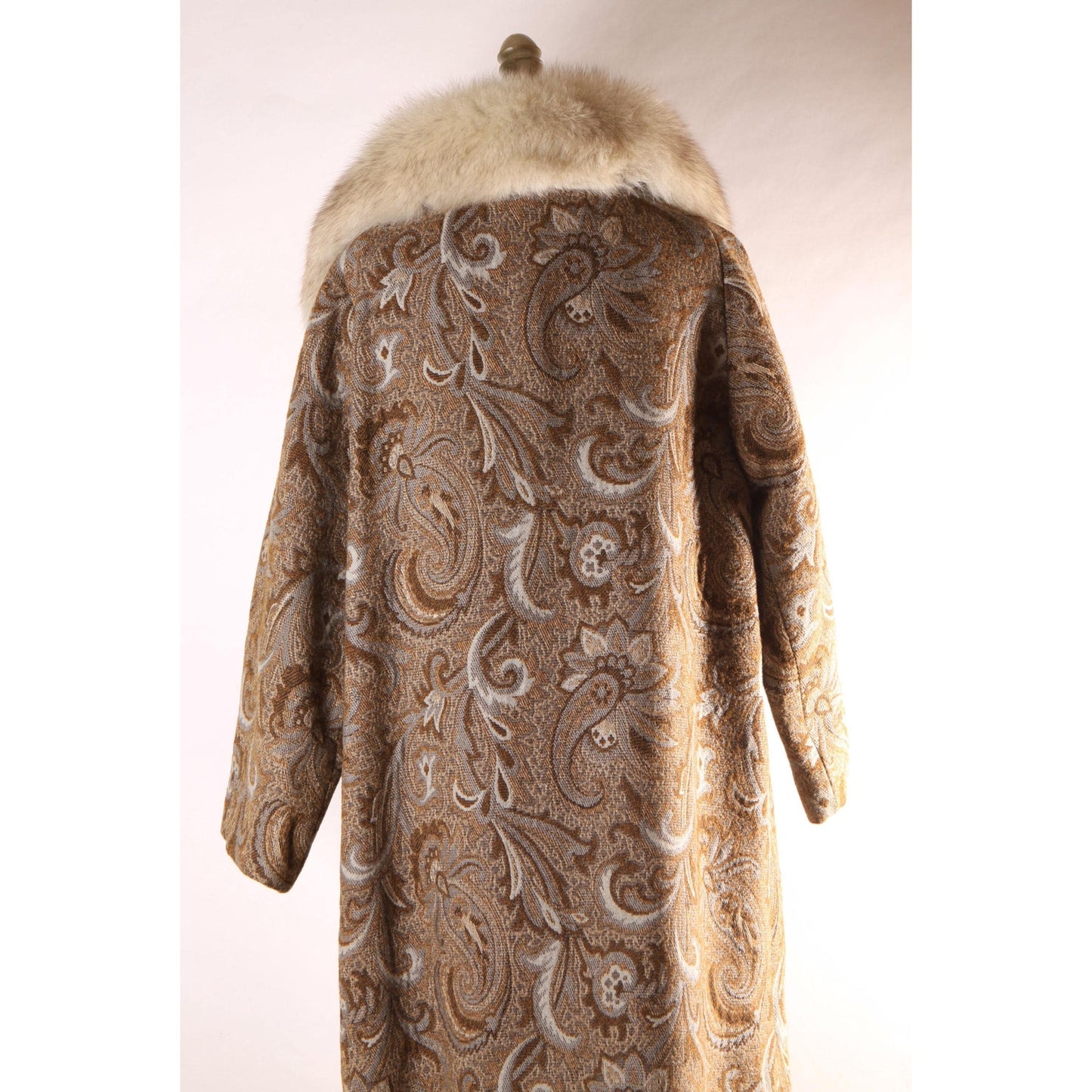 1960s Brown and Blue Gray Swirl Paisley Tapestry Fox Fur Collar Carpet Coat