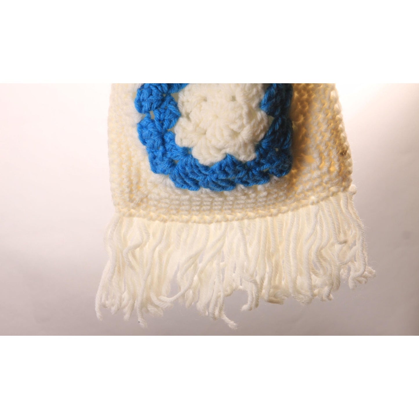 1970s White and Turquoise Blue Crochet Granny Square Drawstring Fringe Purse Bag