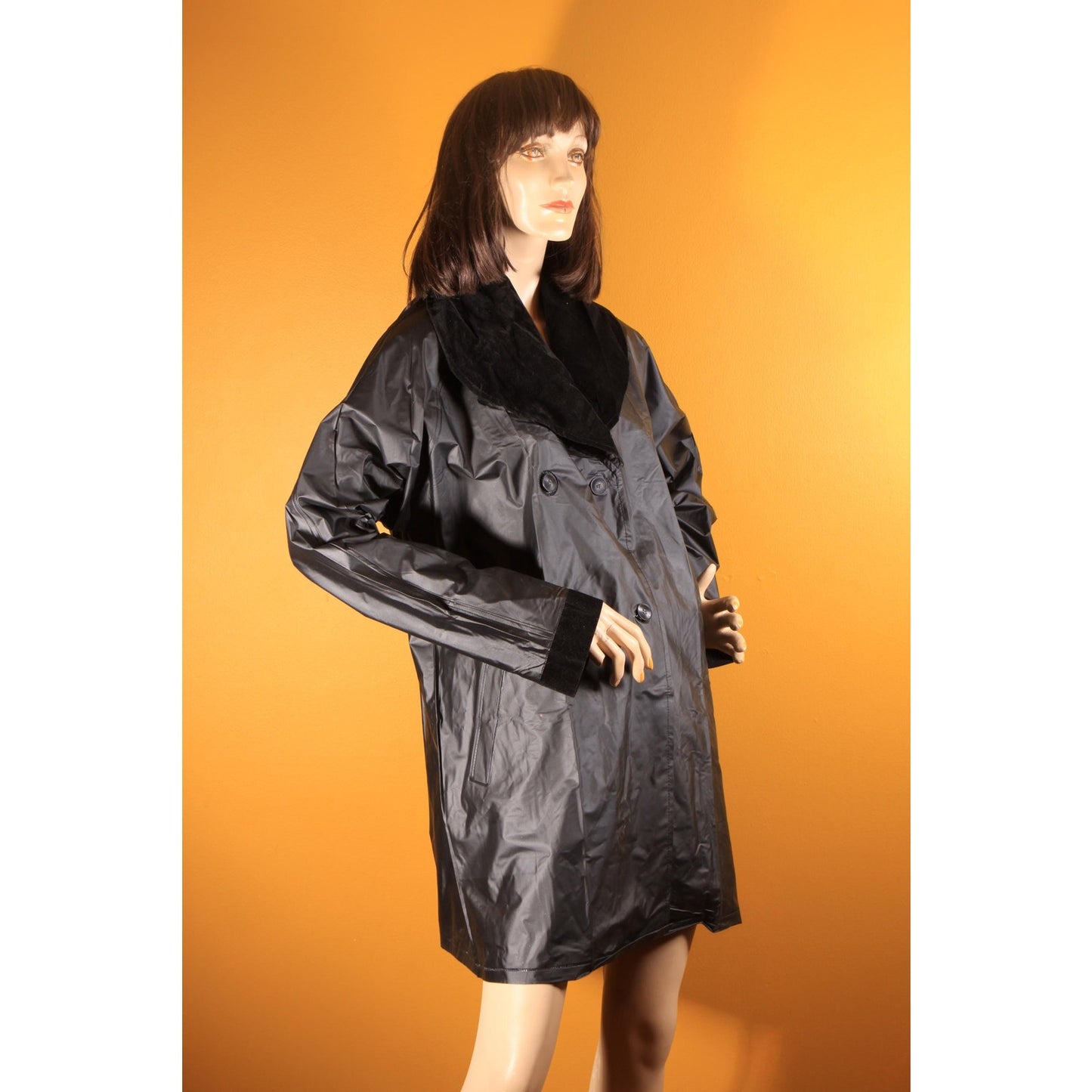1980s Black Vinyl Velvet Trim Button Down Raincoat -XL