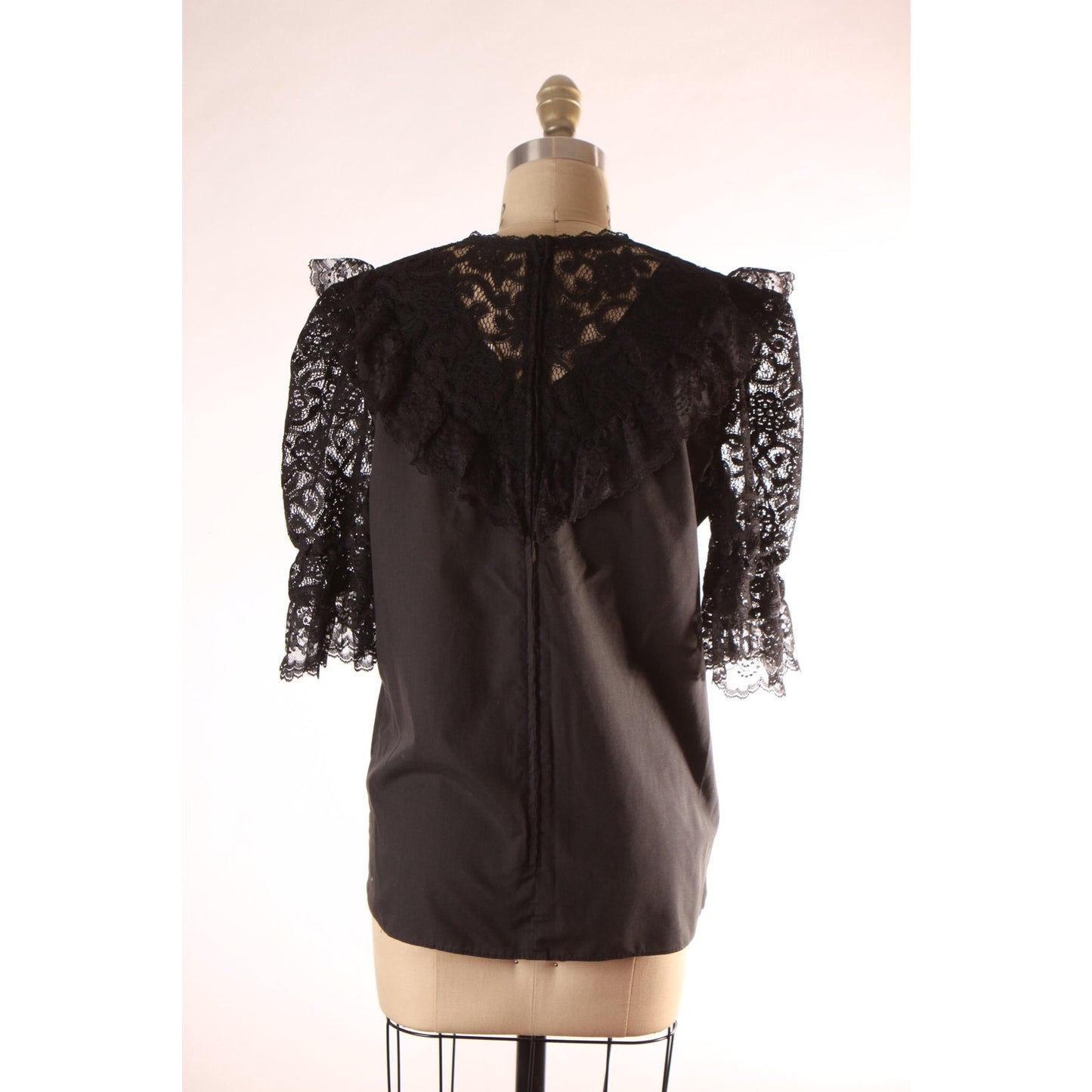 1970s Early 1980s Black Sheer Lace Puffy Sleeve Square Dance Gothic Blouse by Square Up -S