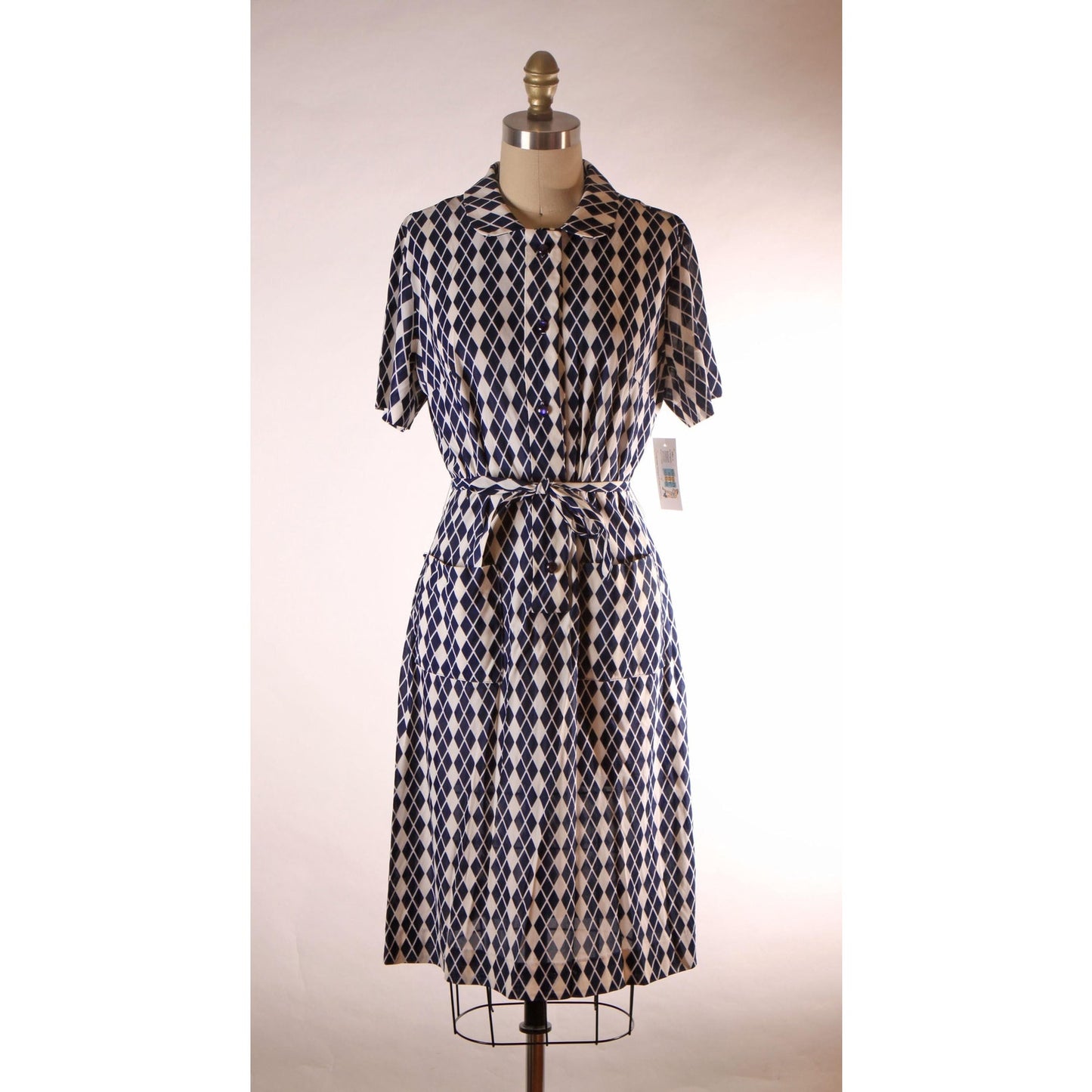 1960s Blue and White Harlequin Print Short Sleeve Belted Dress by RS Apparel -L