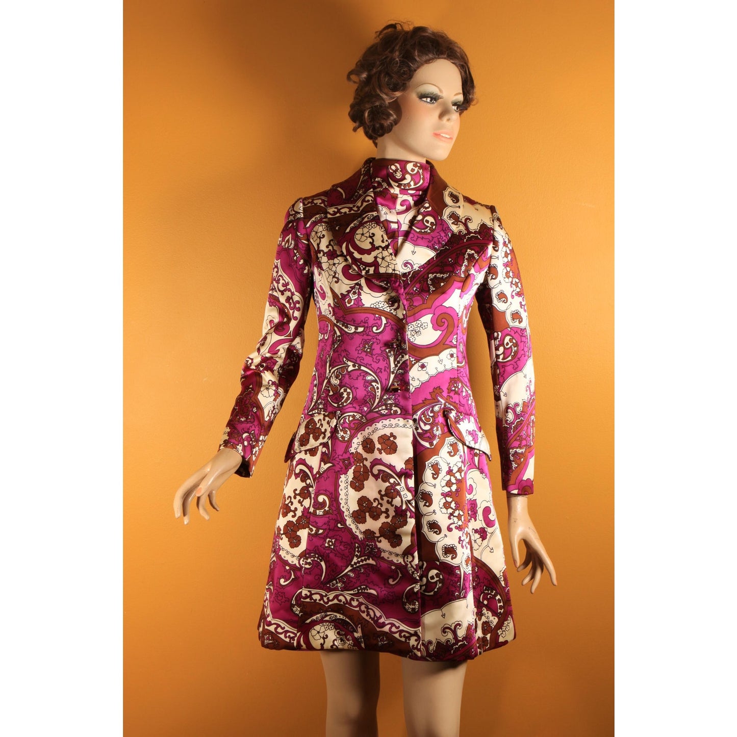 1960s Purple, White, Black Brown Psychedelic Swirl Sleeveless Belted Dress with Matching Long Sleeve Jacket Two Piece Outfit by Leo Narducci
