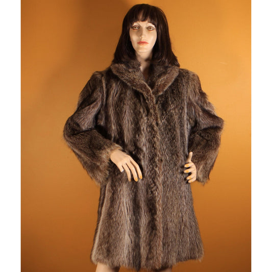 1970s Gray and Black Long Sleeve Raccoon Fur Coat -XL