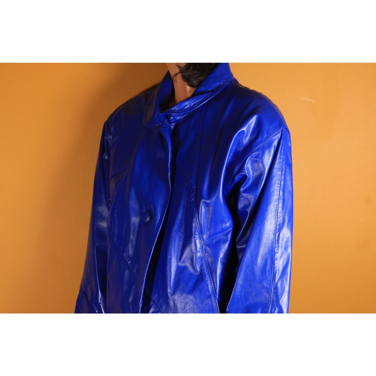 1980s Bright Blue Leather Button Down Long Sleeve Coat by Comint Leather -S