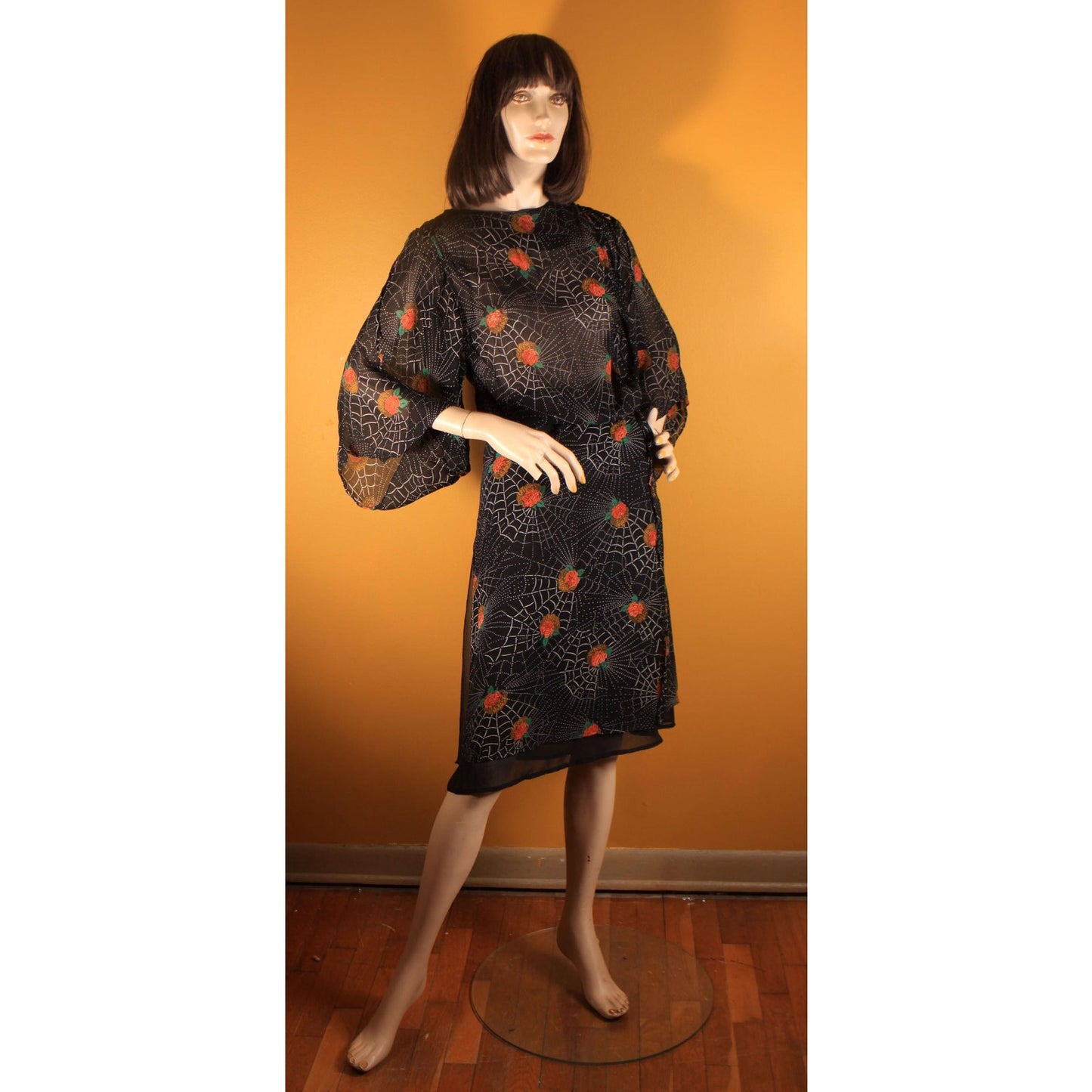 1970s Black, White and Red Novelty Spiderweb and Roses Print Sheer Dress by Saba -S