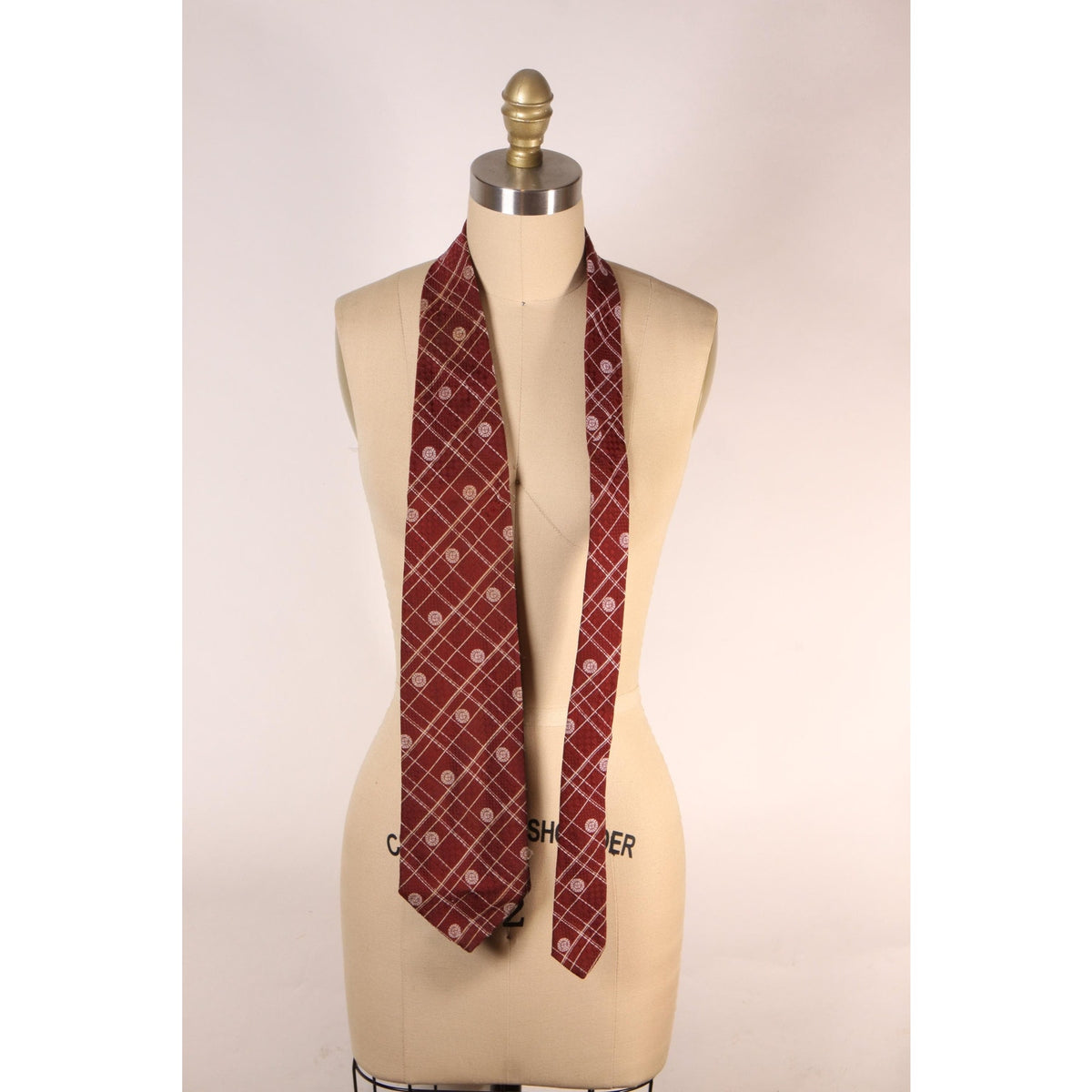 1970s Burgundy and Tan Patterned Polyester Wide Necktie Tie by Dillard’s Brown-Dunkin’