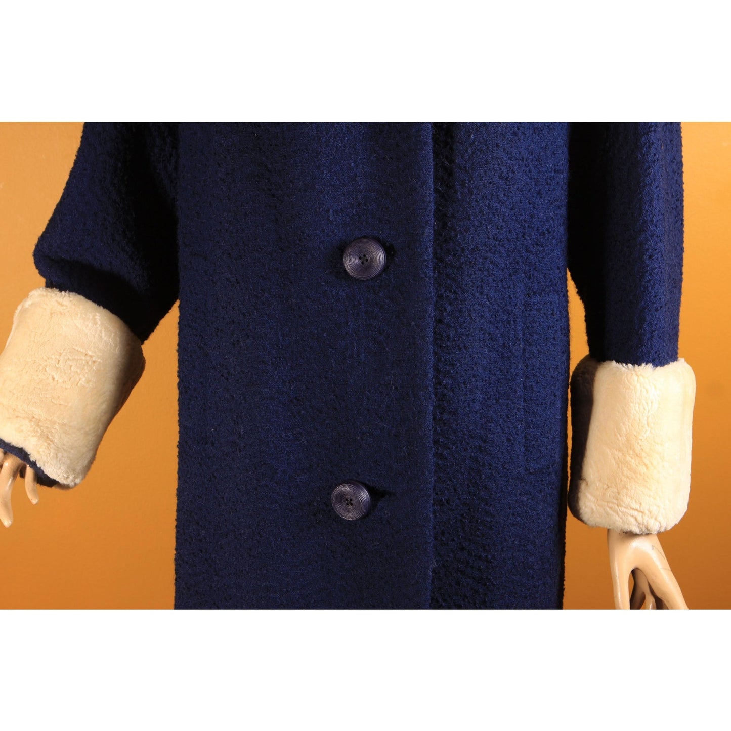 1950s Blue Long Sleeve Cream Sheared Chinchilla Fur Cuff and Collar Coat by Adler's and Jeshiva -XL