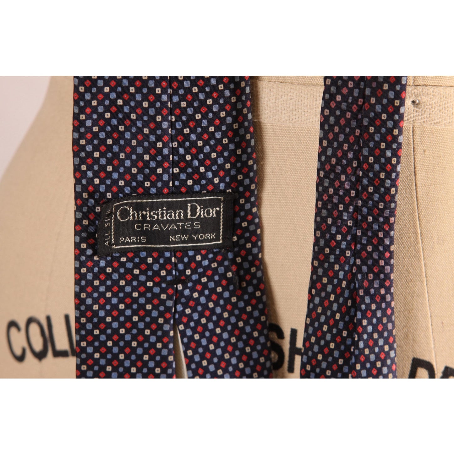1970s Navy Blue and Red Geometric Print Necktie Tie by Christian Dior Cravates