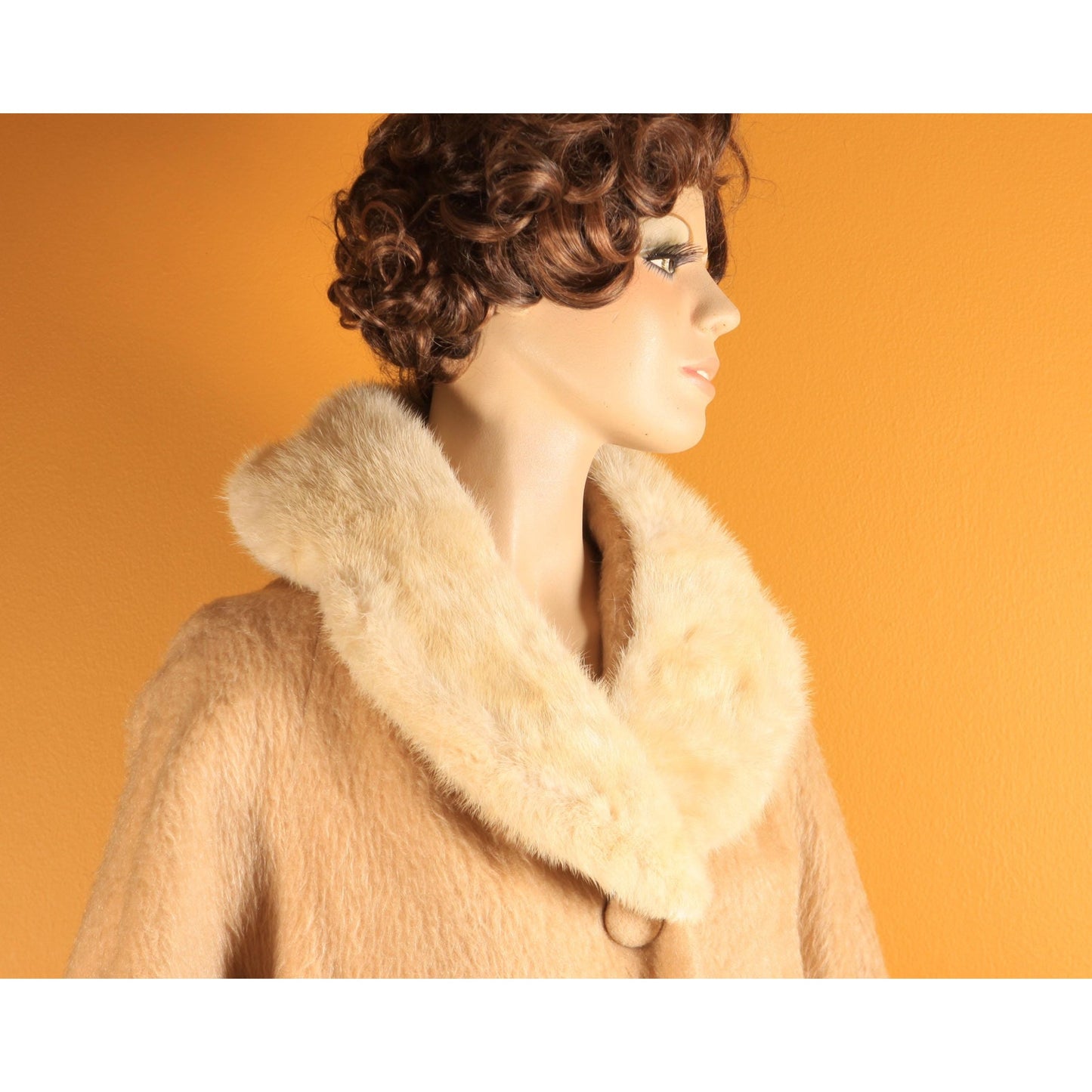 1950s Tan and Cream Bracelet Sleeve Mink Fur Collar Swing Coat by Lilli Ann -M-XL
