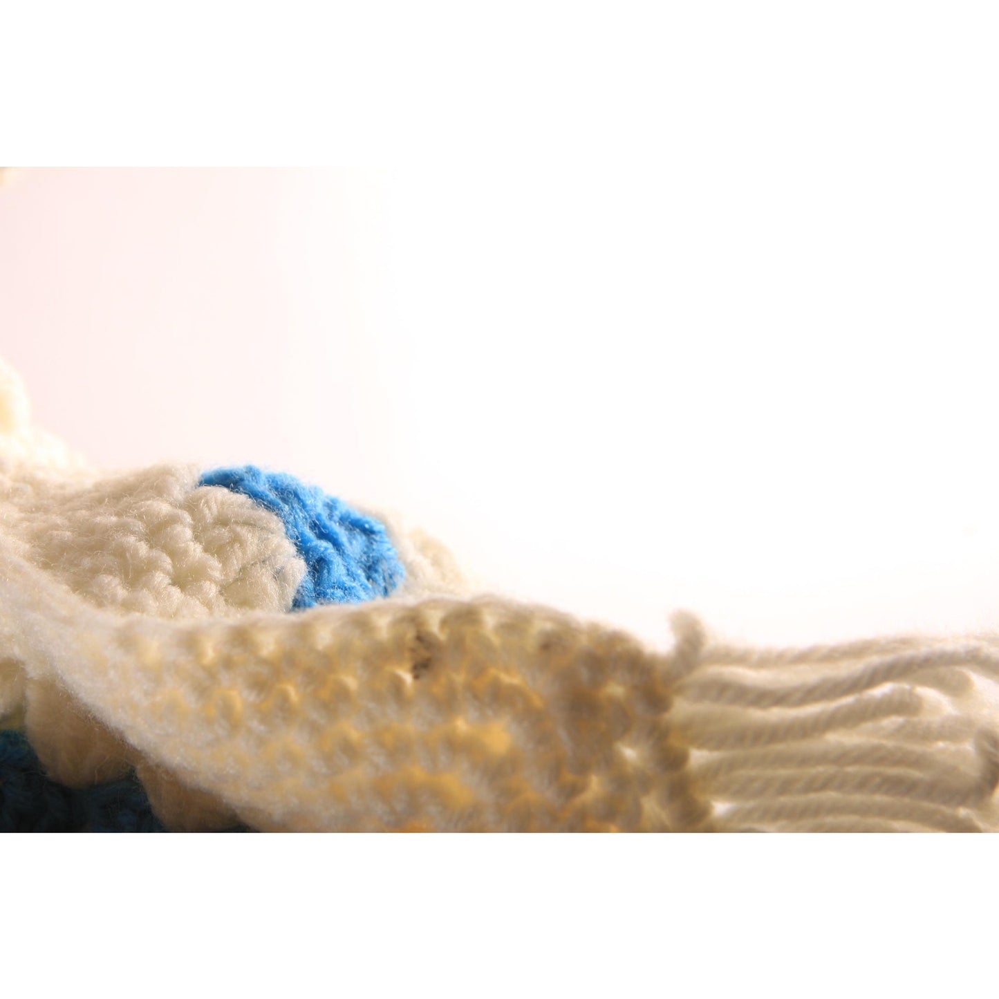 1970s White and Turquoise Blue Crochet Granny Square Drawstring Fringe Purse Bag