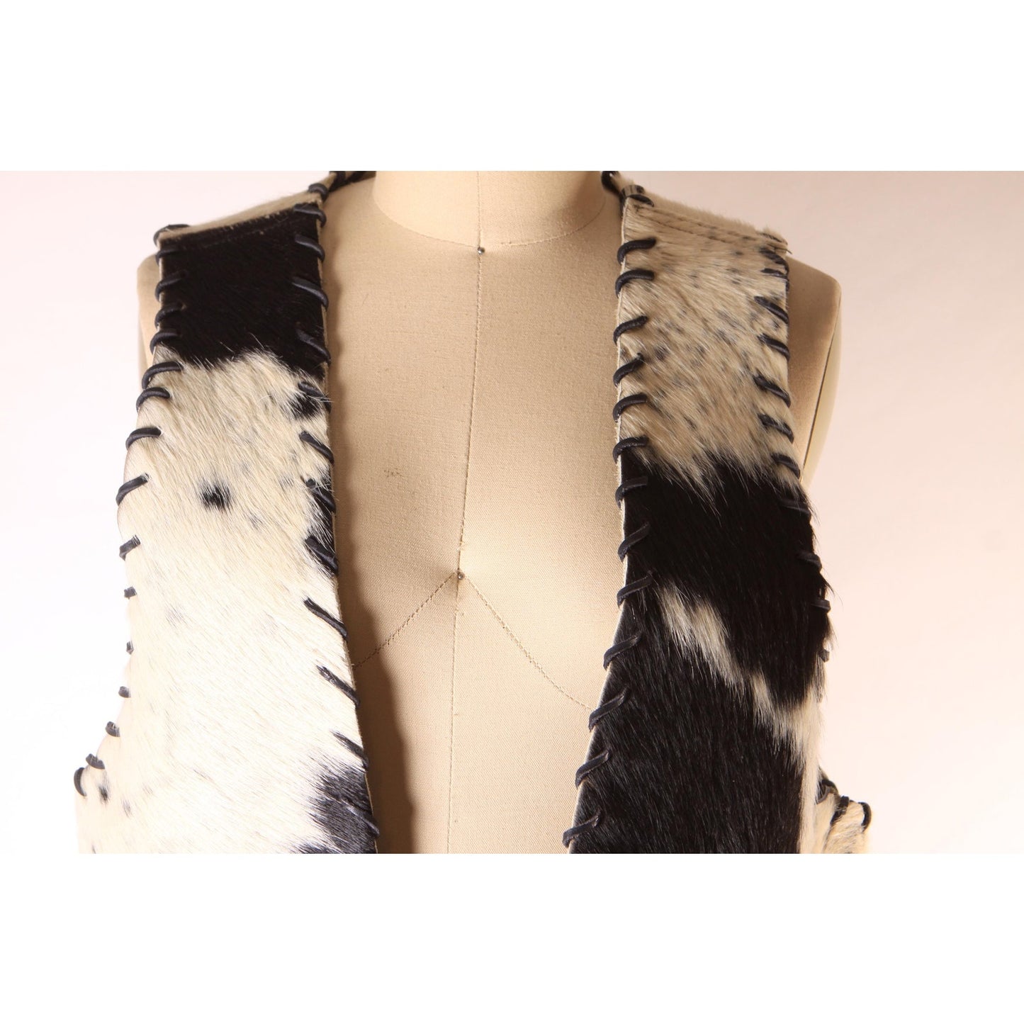 1970s Black and White Cowhide Leather Hair Cow Print Open Front Western Cowgirl Vest