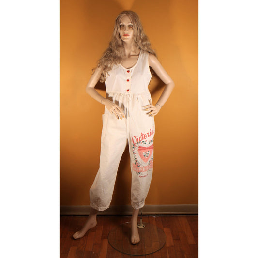 Deadstock 1980s Cream Off White Novelty Heart Victorias Flour Feed Sack Heart One Piece Jumpsuit -L