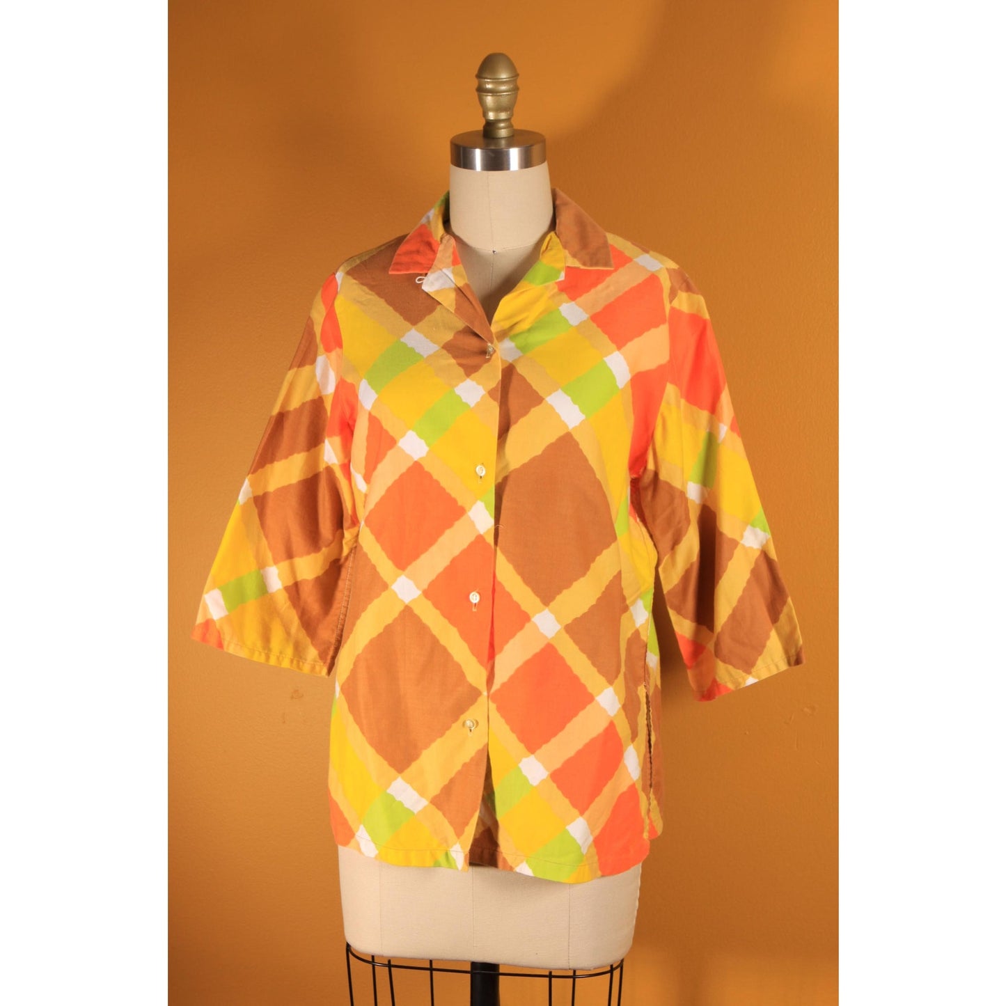 1960s Yellow, Orange, Green and Brown Plaid 3/4 Length Sleeve Button Down Blouse by MLM -L-XL