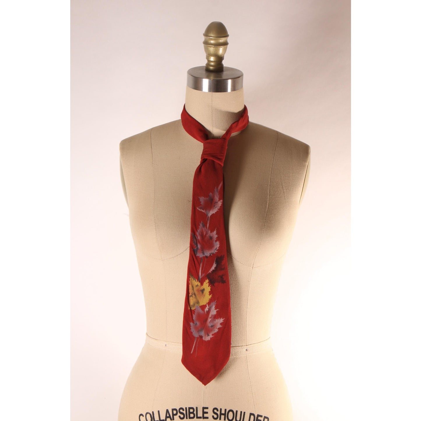 1950s Red, Tan and Gray Hand Painted Leaf Leaves Necktie Tie by Embassy