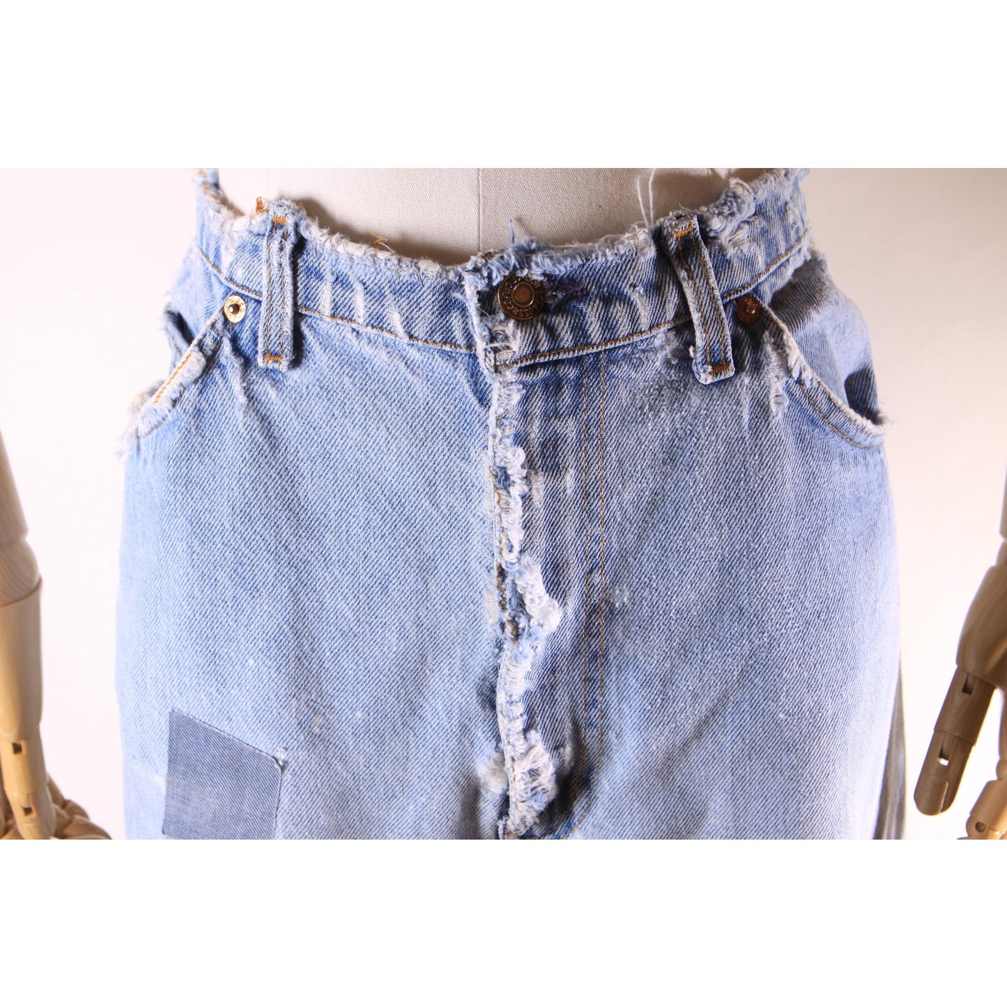 1980s Distressed Patch Fraying Blue Denim Orange Tab 517 Jeans by Levi's -38x29