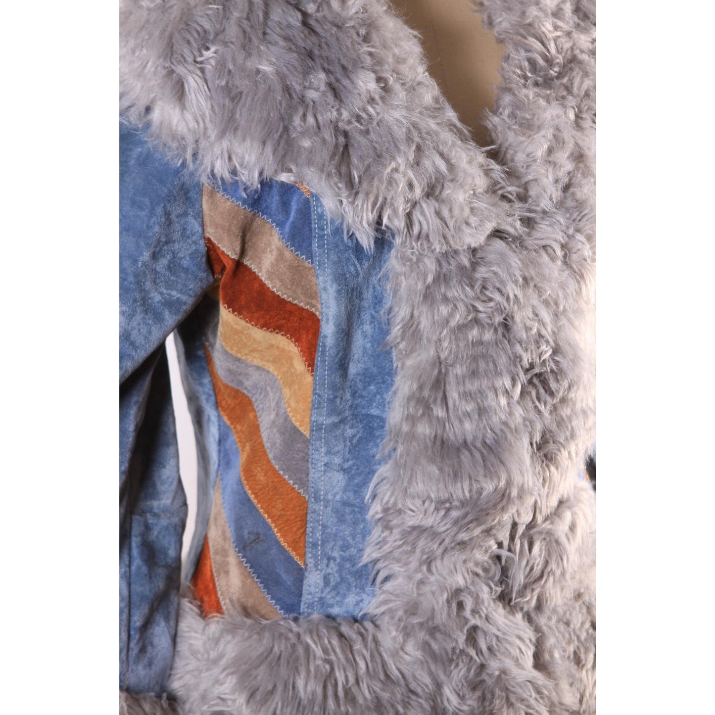 1970s Blue, Brown and Tan Velveteen Striped Faux Fur Trim Waist Length Penny Lane Coat