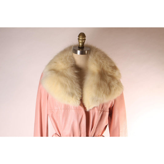 1970s Light Pink Leather Cream Fox Fur Collar Belted Trench Coat by New England Sportswear Company -L-XL