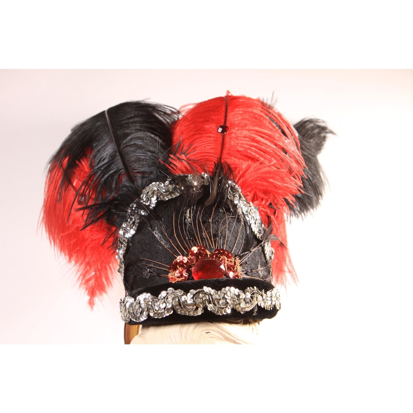 1970s Red and Black Costume Showgirl Burlesque Feather Sequin Headdress Headpiece Hat