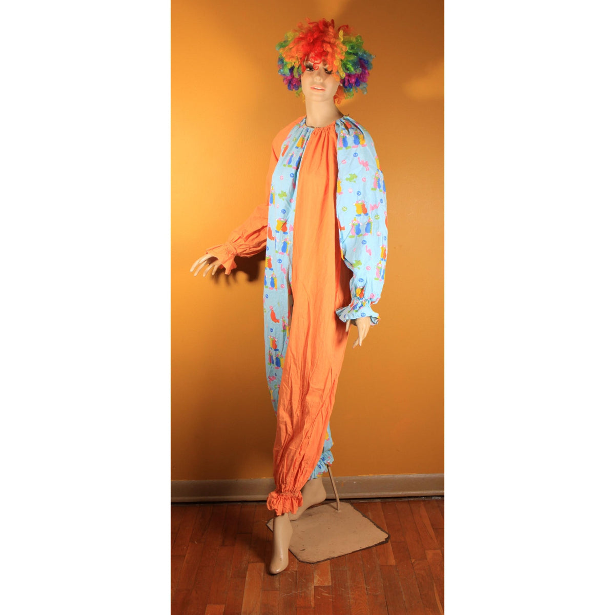 1960s Orange Blue Multi-Colored Novelty Clown Circus Print One Piece Clown Costume