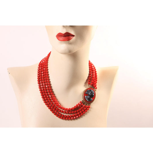 1950s 1960s Red Plastic Beaded Multi-Strand Red and Black Cameo Necklace