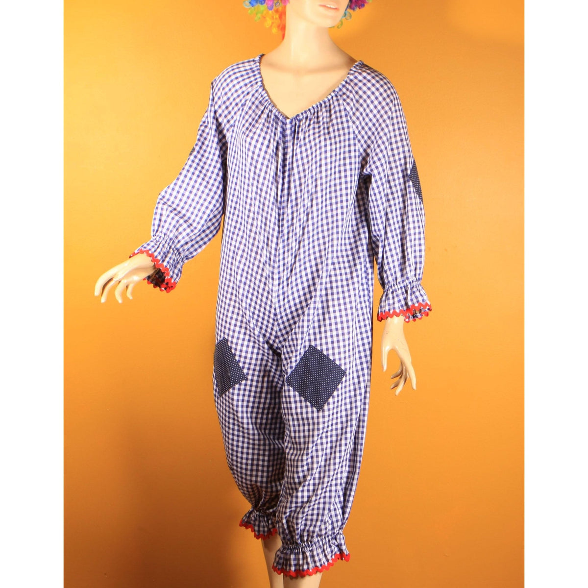 1960s 1970s Blue, White and Red Ric Rac Trim Patchwork Polka Dot One Piece Childs or Preteen Clown Costume