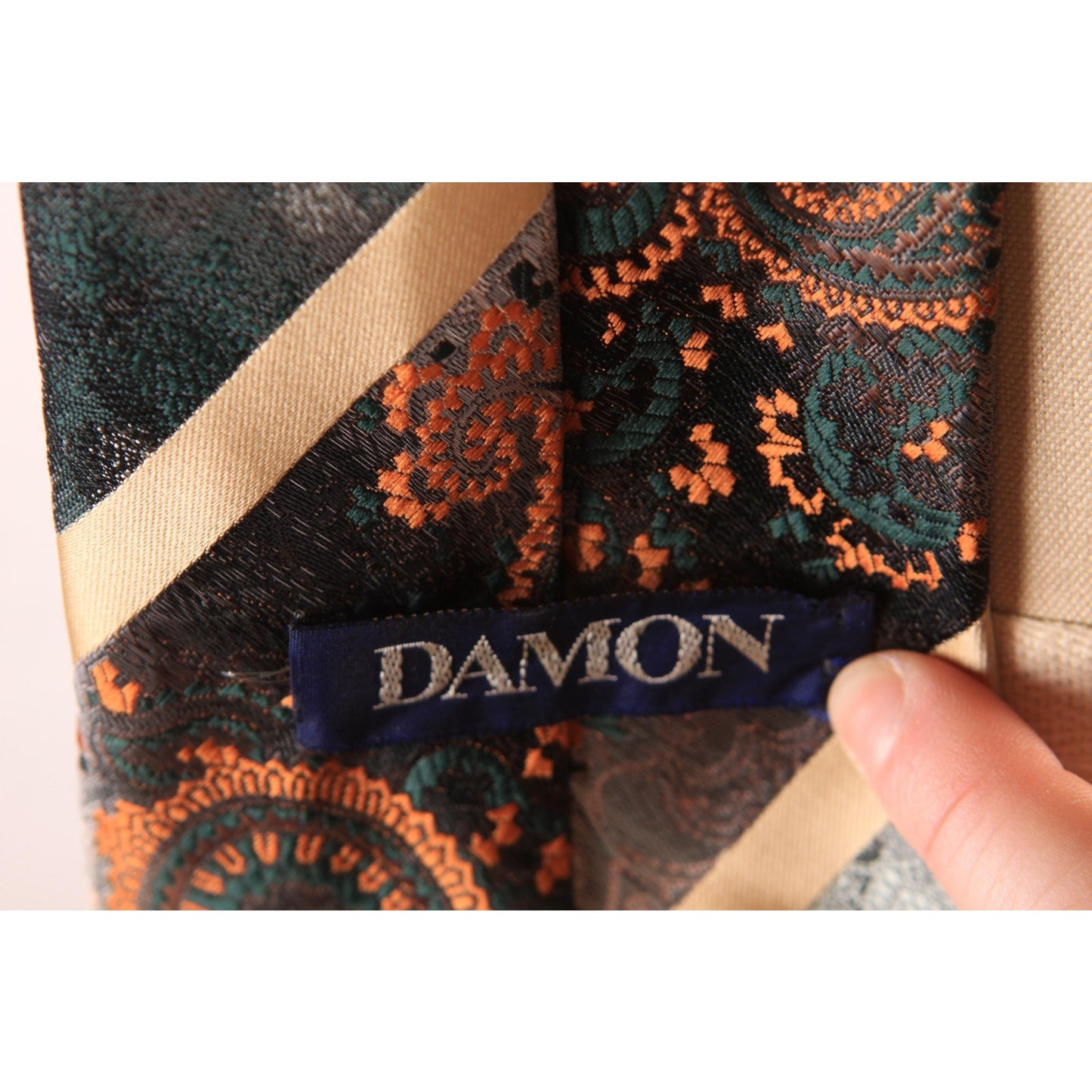 1970s Teal Blue Green, Orange and Gray Paisley Striped Necktie Tie by Damon