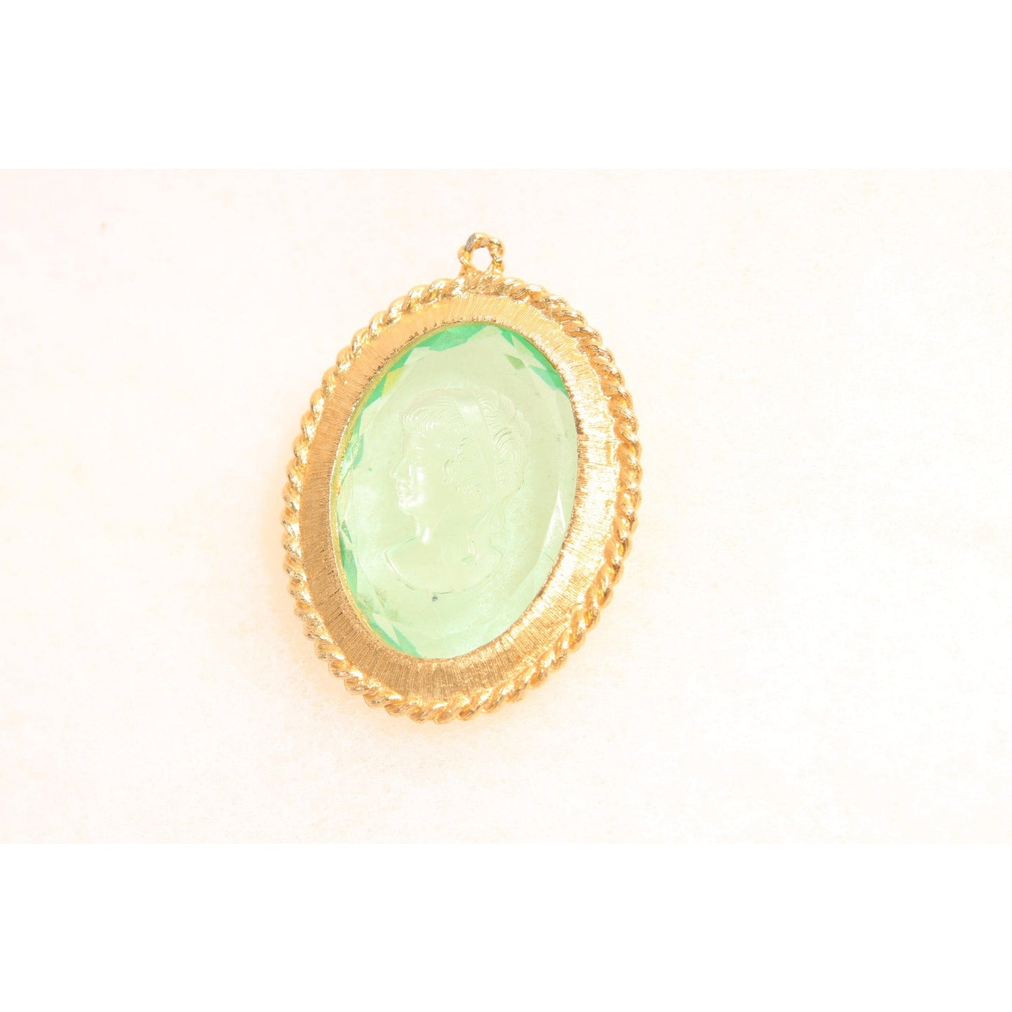 1970s Gold Tone Metal Blue Clear Glass Cameo Etched Glass Necklace Pendant