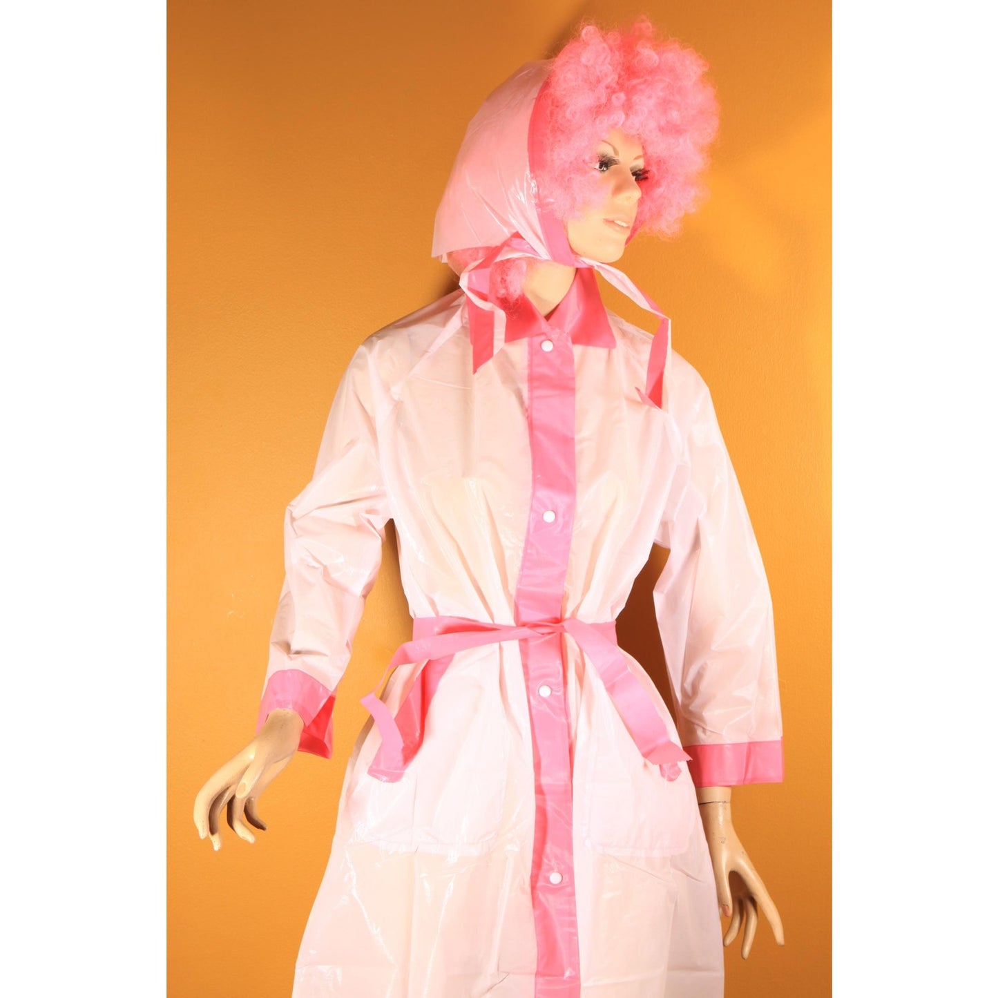 Deadstock 1950s Two Tone Pink Metal Snap Belted Raincoat with Matching Rain Bonnet -S
