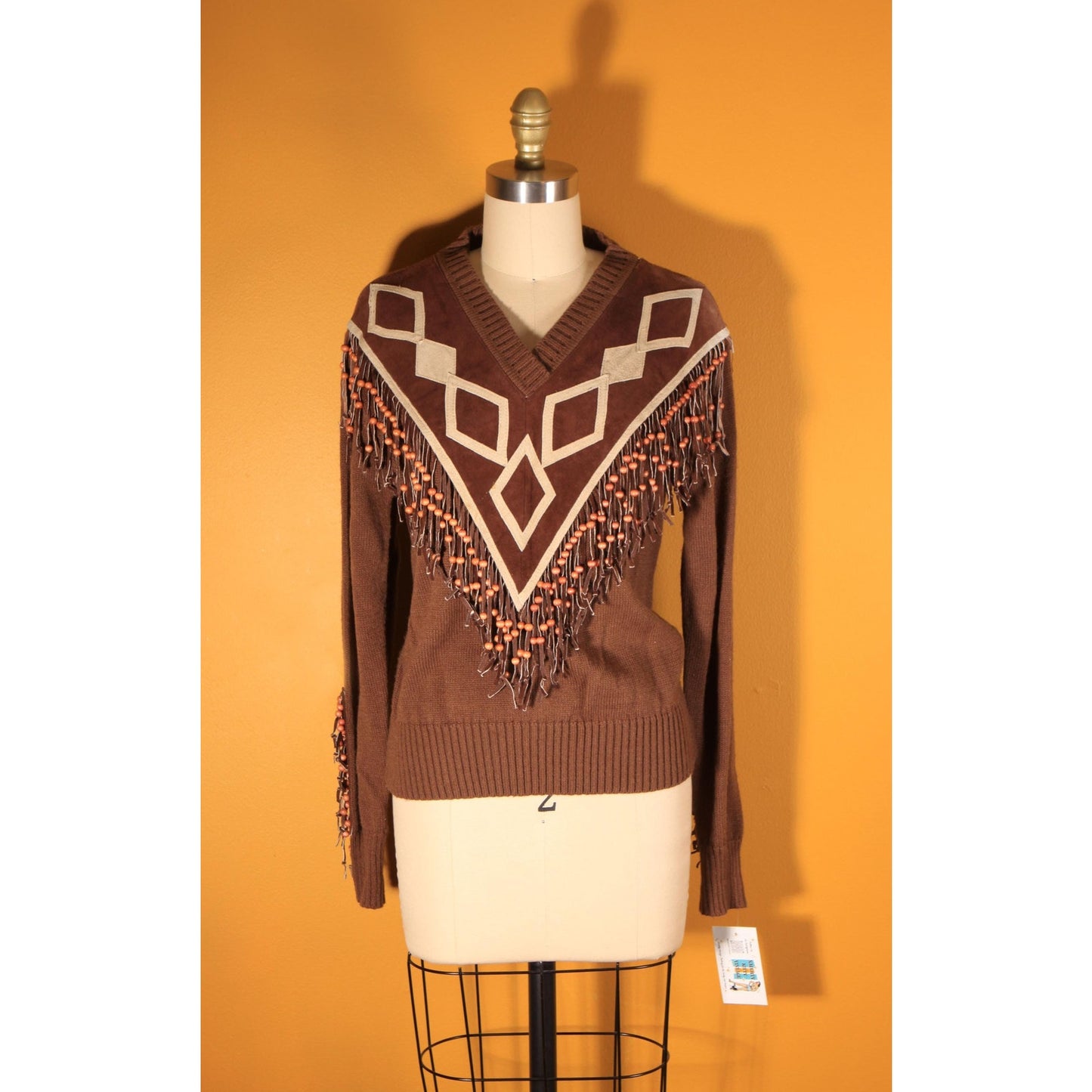 1970s Brown Suede Leather Fringe Beaded Pullover Sweater by Miller Miller Miller -L