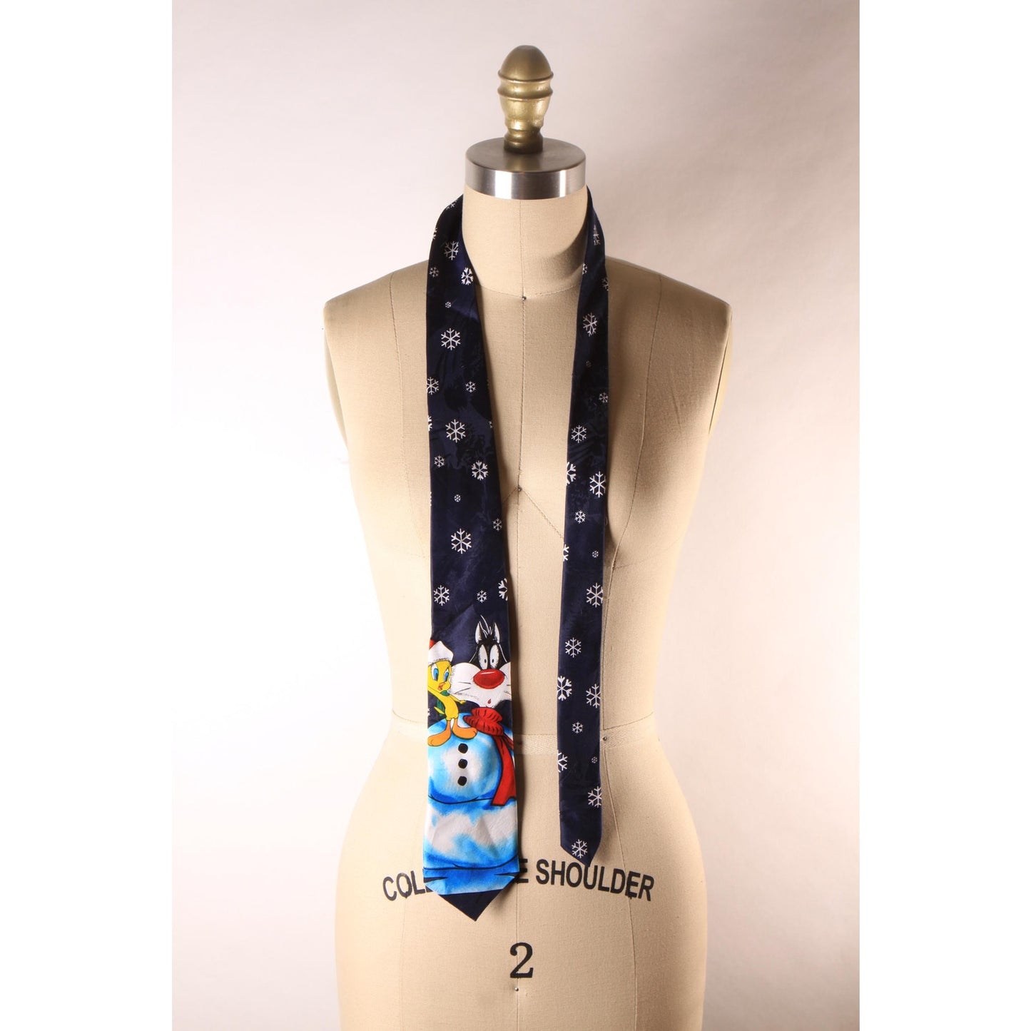 1990s Blue Novelty Tweety Bird and Sylvester Snowman Necktie by Looney Tunes Mania