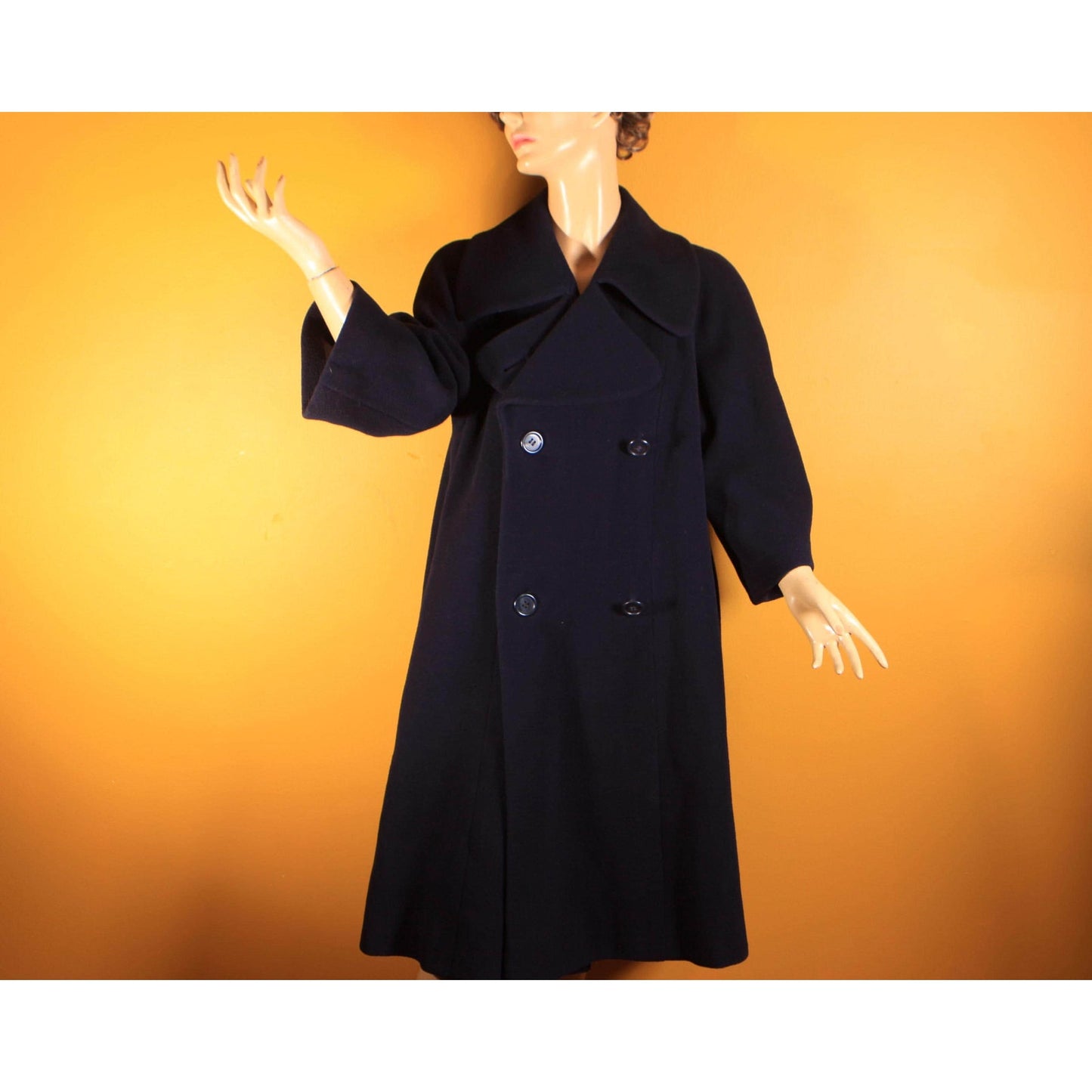 1950s Navy Blue Long Sleeve Button Up Pea Coat by Traina-Norell -XL