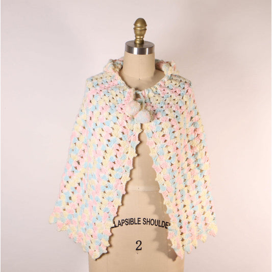 Late 1960s Early 1970s Pastel Pink, Blue and Yellow Crochet Pom Pom Hooded Hood Shawl Wrap