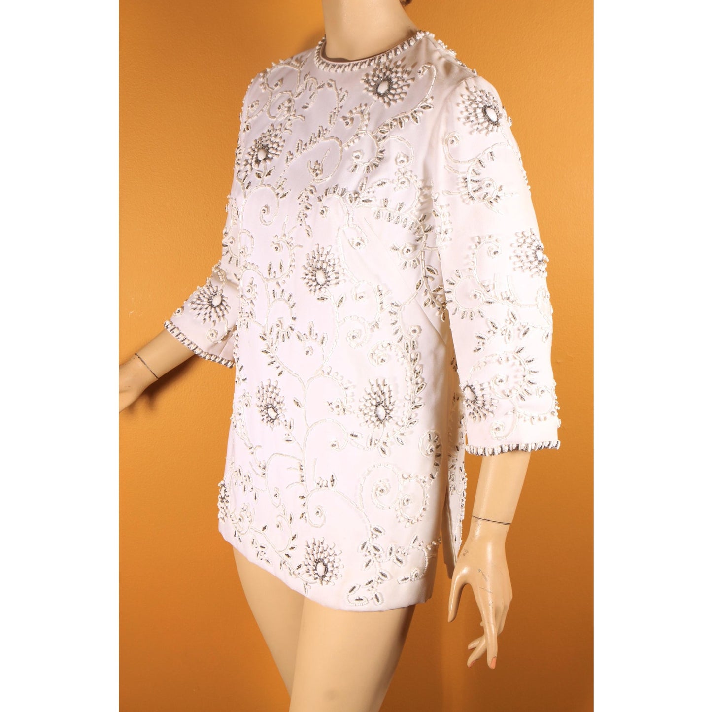 1960s White Heavily Beaded Floral Swirl 3/4 Length Sleeve Tunic Mini Dress by Cavanagh's Virgin Islands